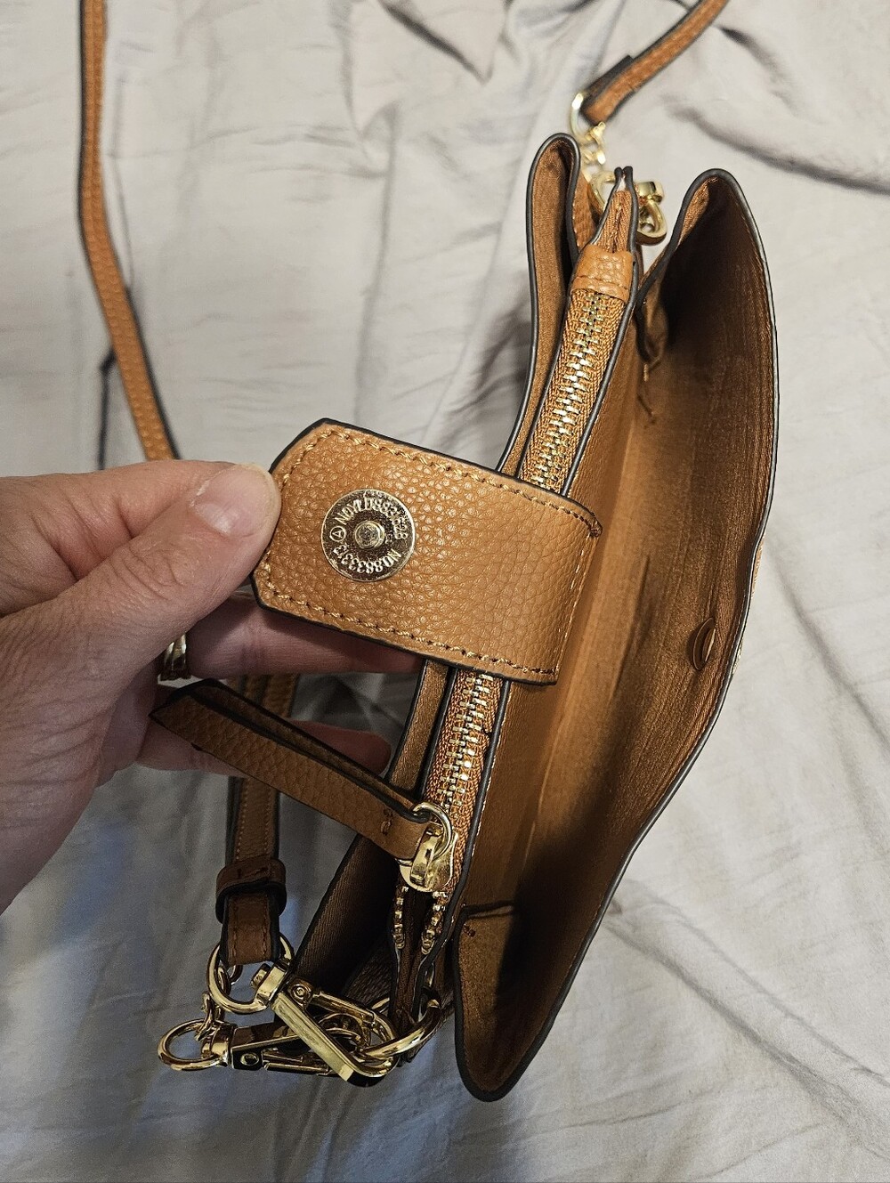 Nanette Lepore Tan Leather Crossbody Wristlet with Gold Hardware - Picture 4 of 9